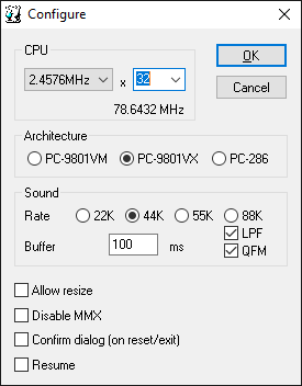 Neko Project 21 config screen